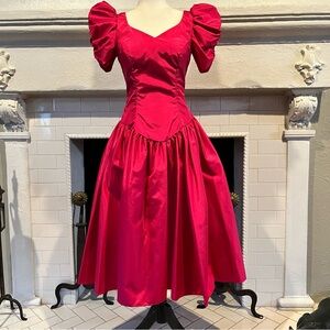 Vintage 80s Alfred Angelo Pink Poof Sleeves Princes Dress Tea Length Party Prom